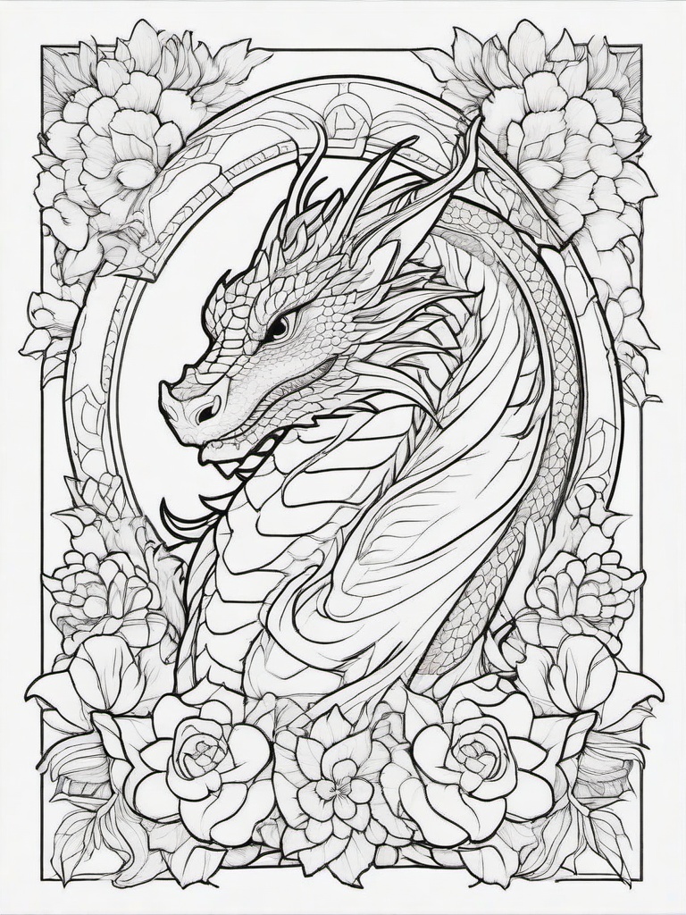 Dragon with Flowers Coloring Pages - Gentle Dragon Surrounded by Blooms  minimal black outline printable sheet, coloring page