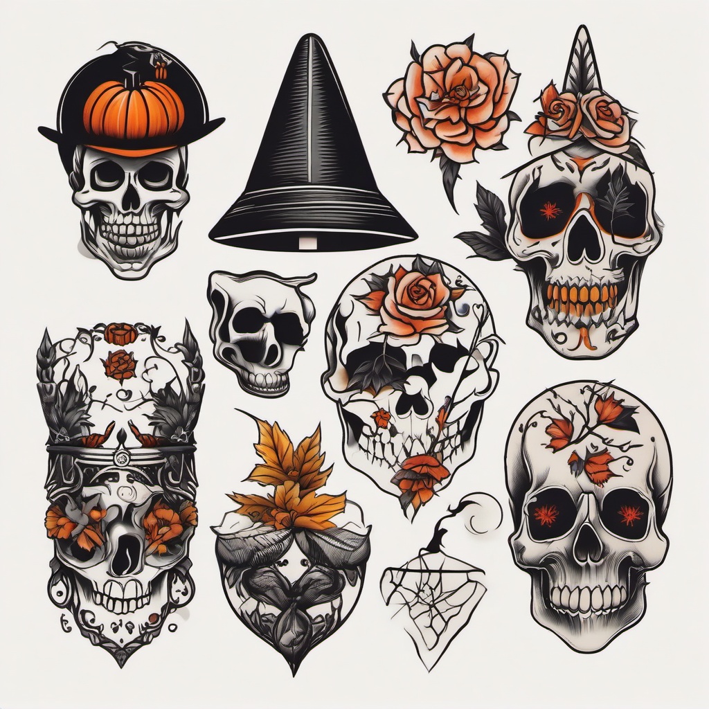 Spooky Traditional Tattoos - Traditional-style tattoos with a spooky and Halloween theme.  simple color tattoo,minimalist,white background