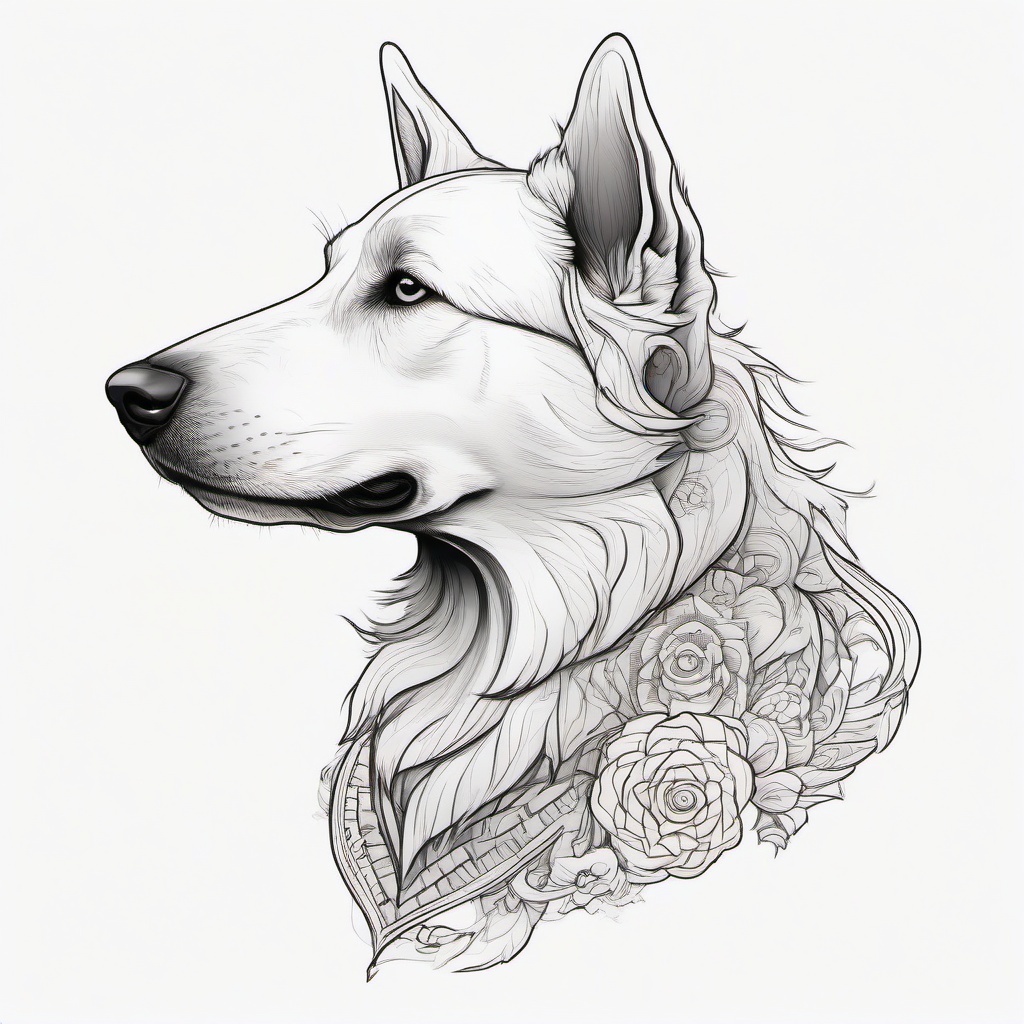 A profile side view of a white swiss shepherd in a sketch like tattoo style  ,tattoo design, white background