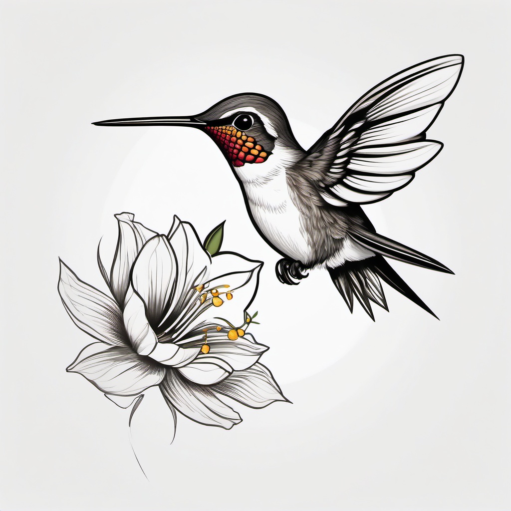 Small Hummingbird Tattoo - Tiny hummingbird drinking nectar  minimalist tattoo design, white background