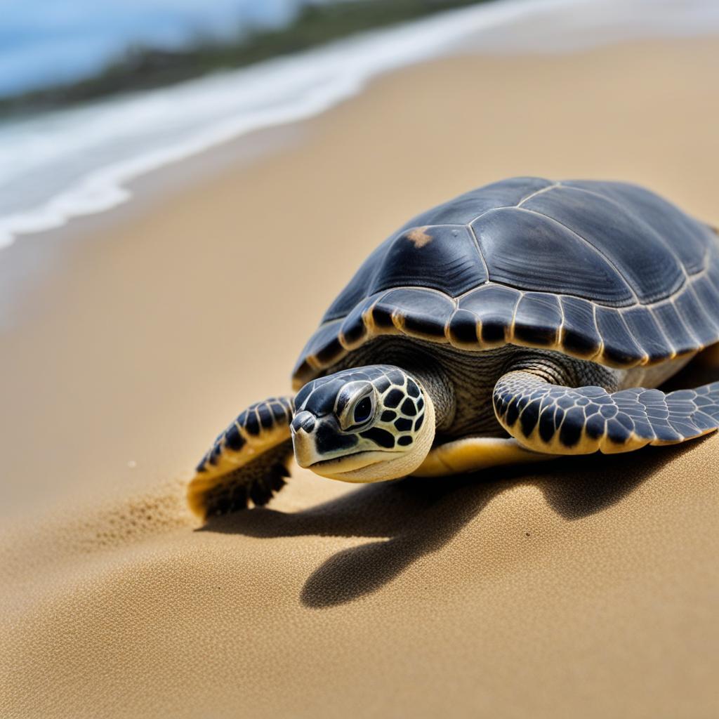 adorable baby sea turtle making its way to the ocean. 