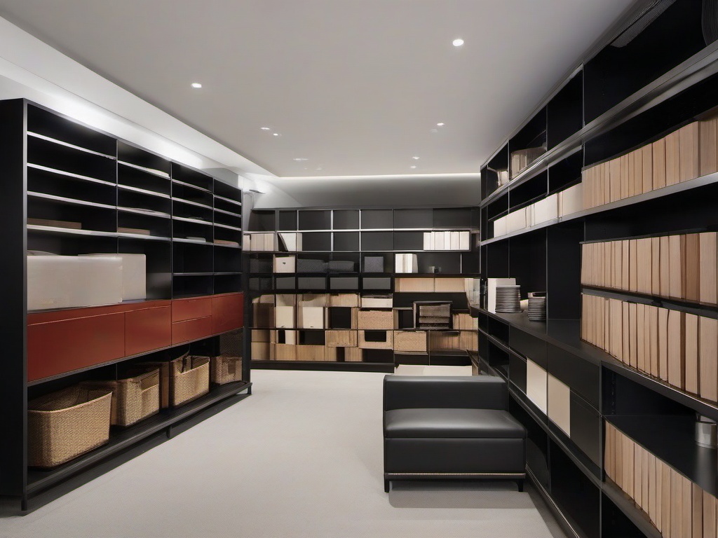 The storage room showcases Bauhaus interior design with practical shelving, clean lines, and an organized layout that maximizes efficiency while maintaining a modern aesthetic.  