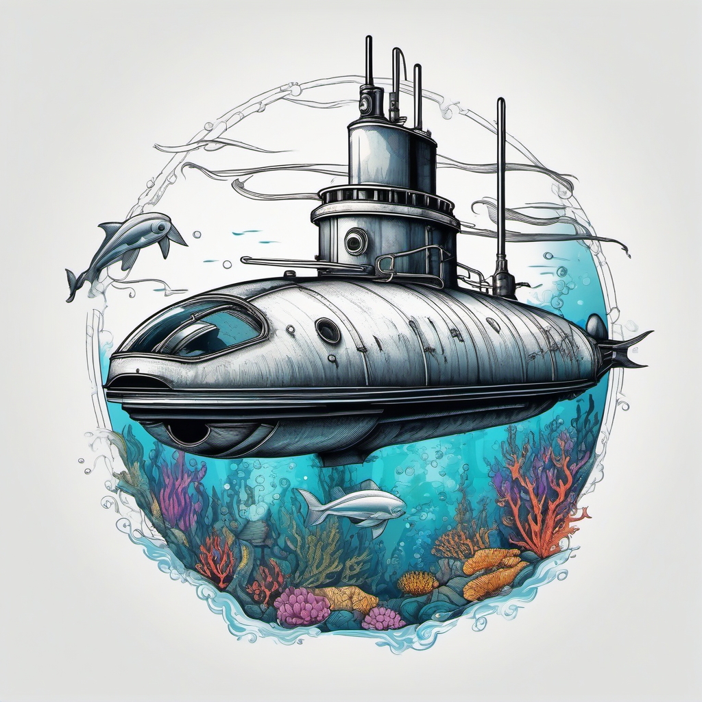 Submarine with periscope ink. Silent exploration beneath the waves.  color tattoo, white background