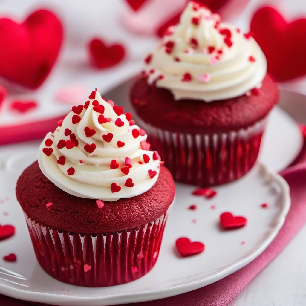 Valentines Day background - Red velvet cupcakes with heart sprinkles on a white plate  