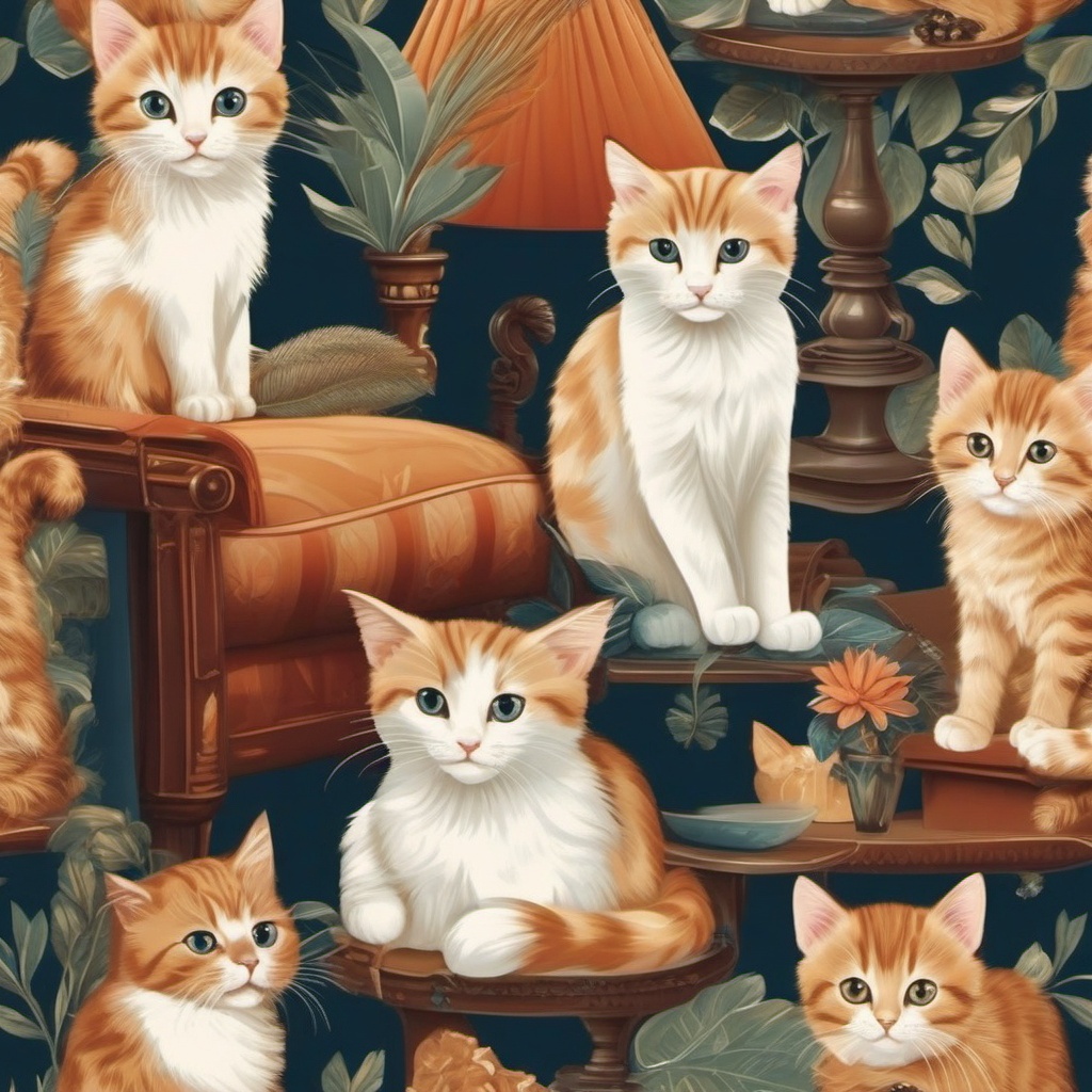 Cat Wallpaper - Playful Kittens in a Cozy Living Room  wallpaper style, intricate details, patterns, splash art, light colors