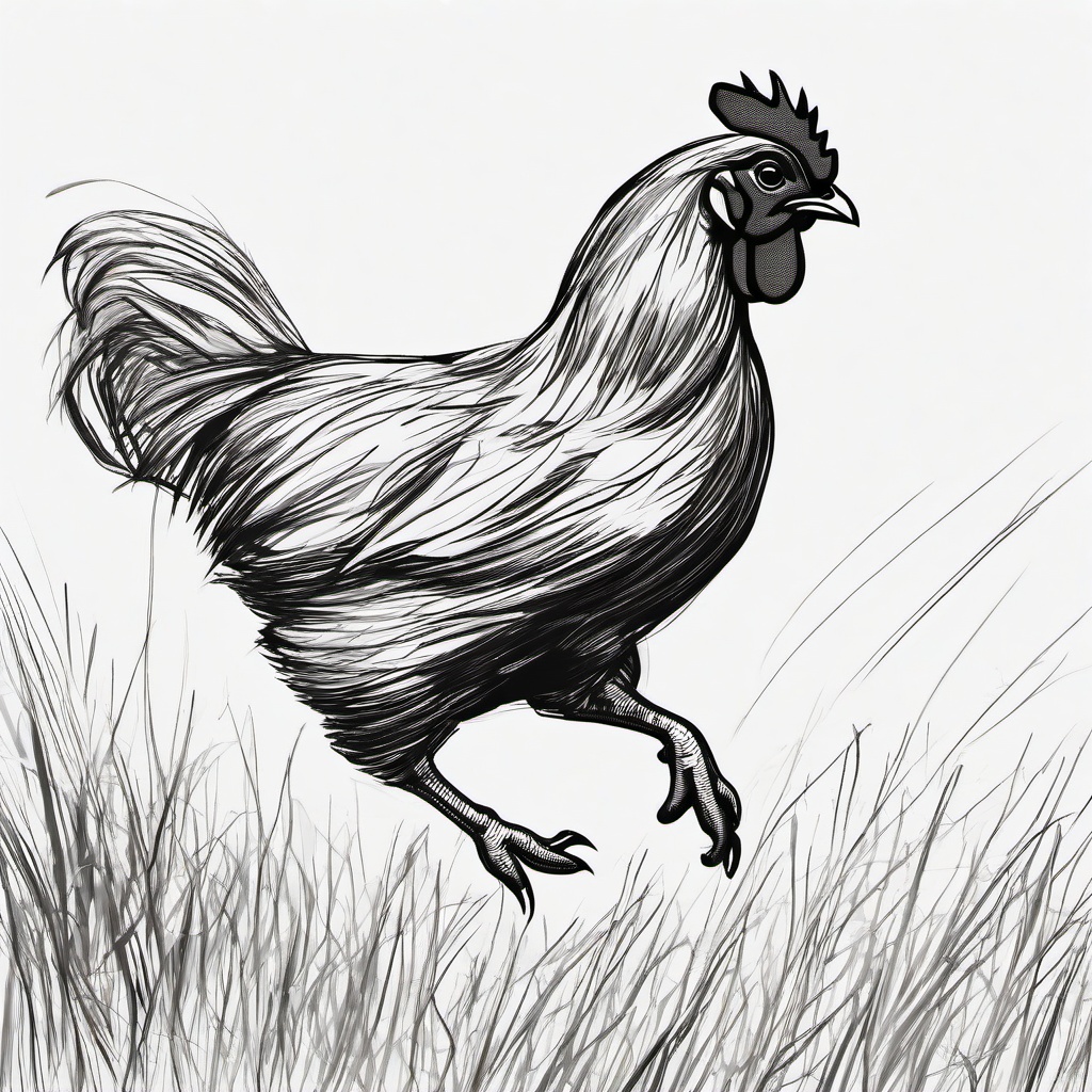 drawing of a chicken running in a field  minimal rough sketch scribbles,doodles,black and white