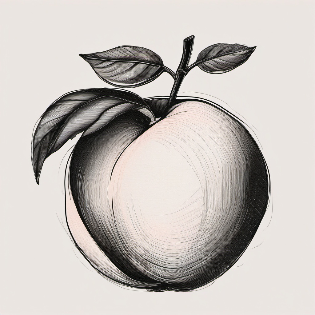 drawing of a peach with a leaf  minimal rough sketch scribbles,doodles,black and white