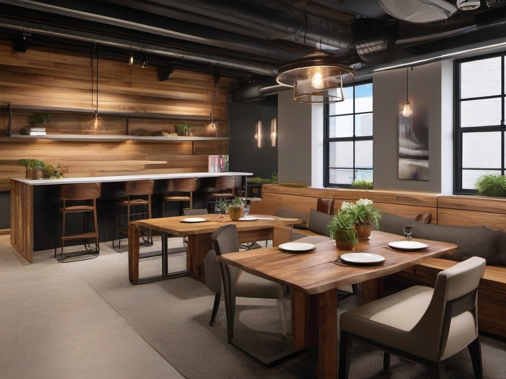 In the office break room, rustic interior design includes warm wood furniture, cozy decor, and a welcoming atmosphere that encourages relaxation and socialization among employees.  