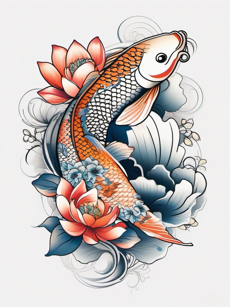 Koi Fish and Lotus Tattoo,a harmonious tattoo combining koi fish and lotus flowers, symbolizing transformation and beauty. , tattoo design, white clean background