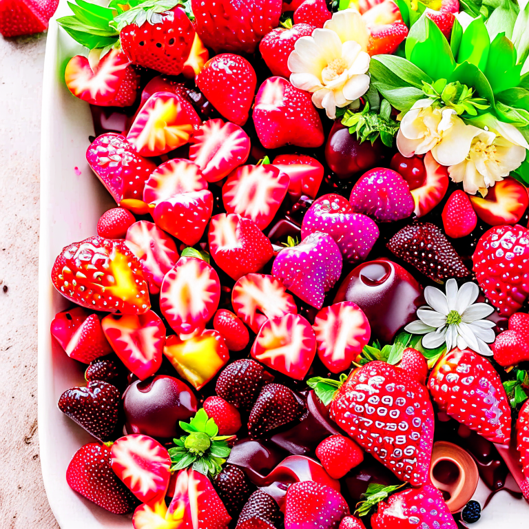 a platter of chocolate-dipped strawberries, glossy and tempting, with a variety of toppings. 