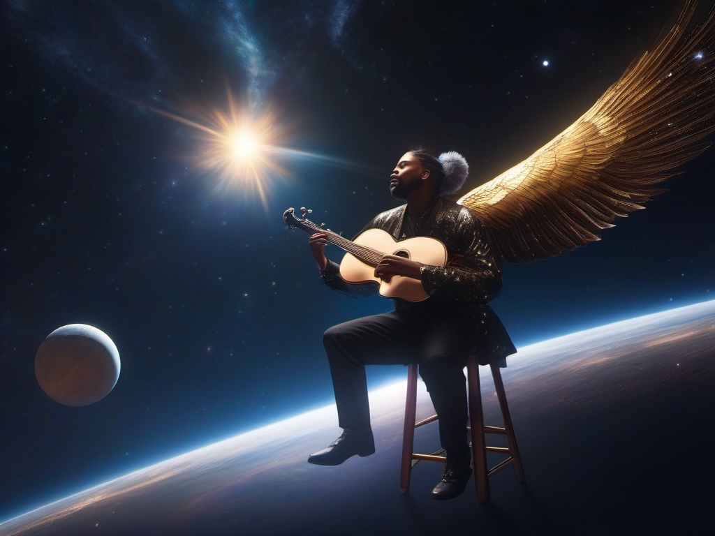 Celestial being descends to Earth, granting a gifted musician the power to move people's hearts with their melodies.  8k, hyper realistic, cinematic