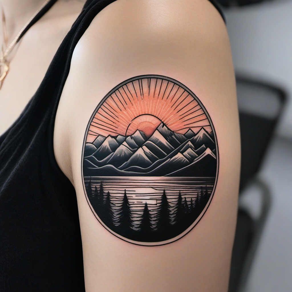 Sunrise Over Mountains - Depict the promise of a new day and overcoming challenges with a sunrise over mountains tattoo.  outline color tattoo,minimal,white background