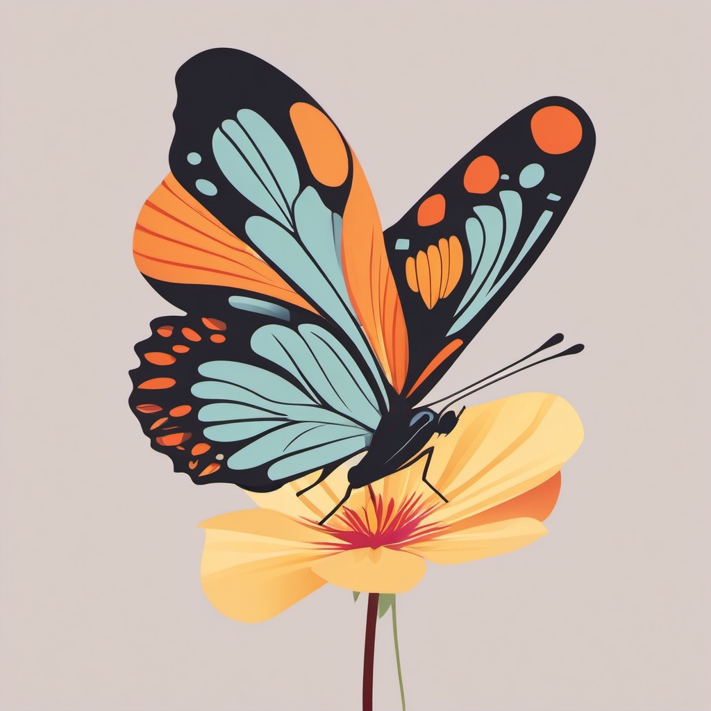 Butterfly Perched on a Flower Petal Clip Art - Butterfly perched delicately on a flower petal,  color vector clipart, minimal style