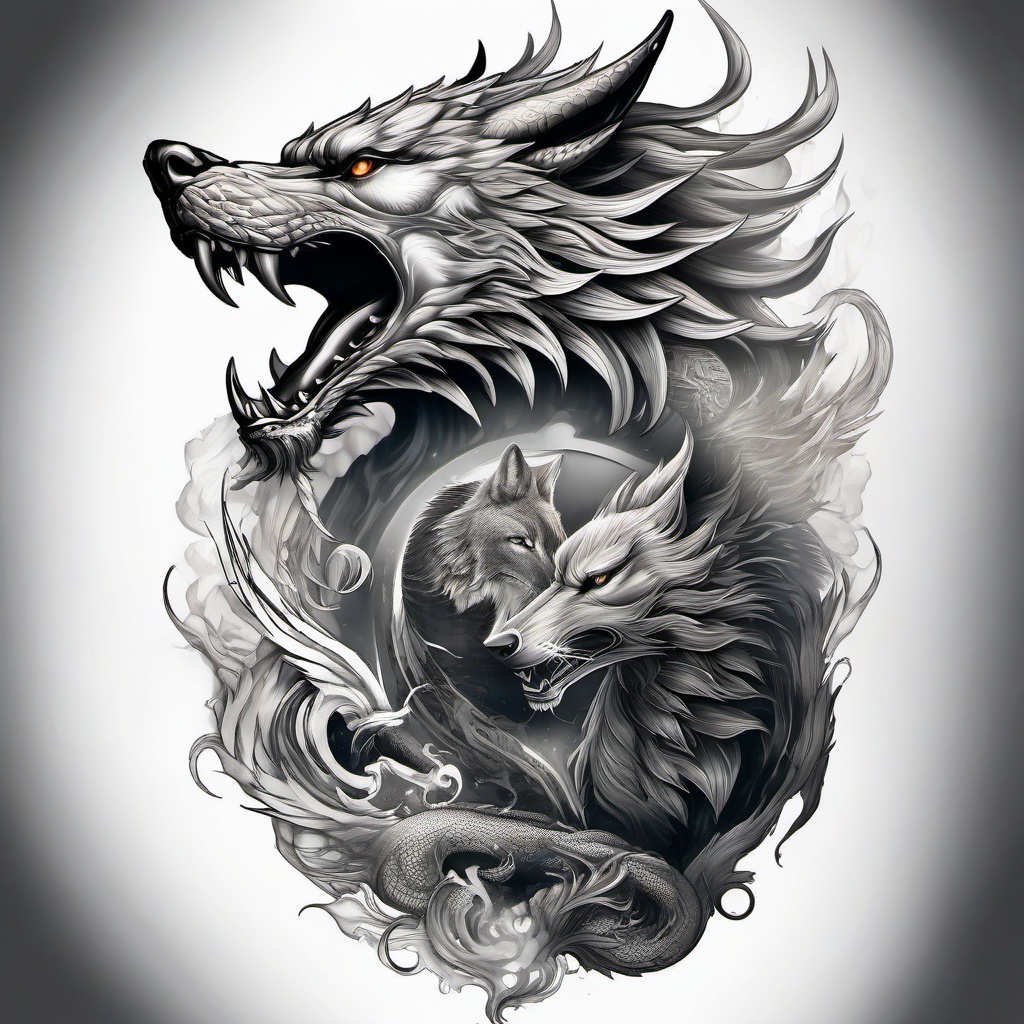 Dragon and Wolf Tattoo,captivating tattoo showcasing the powerful dragon and the fierce wolf, fusion of two powerful beings. , tattoo design, white clean background