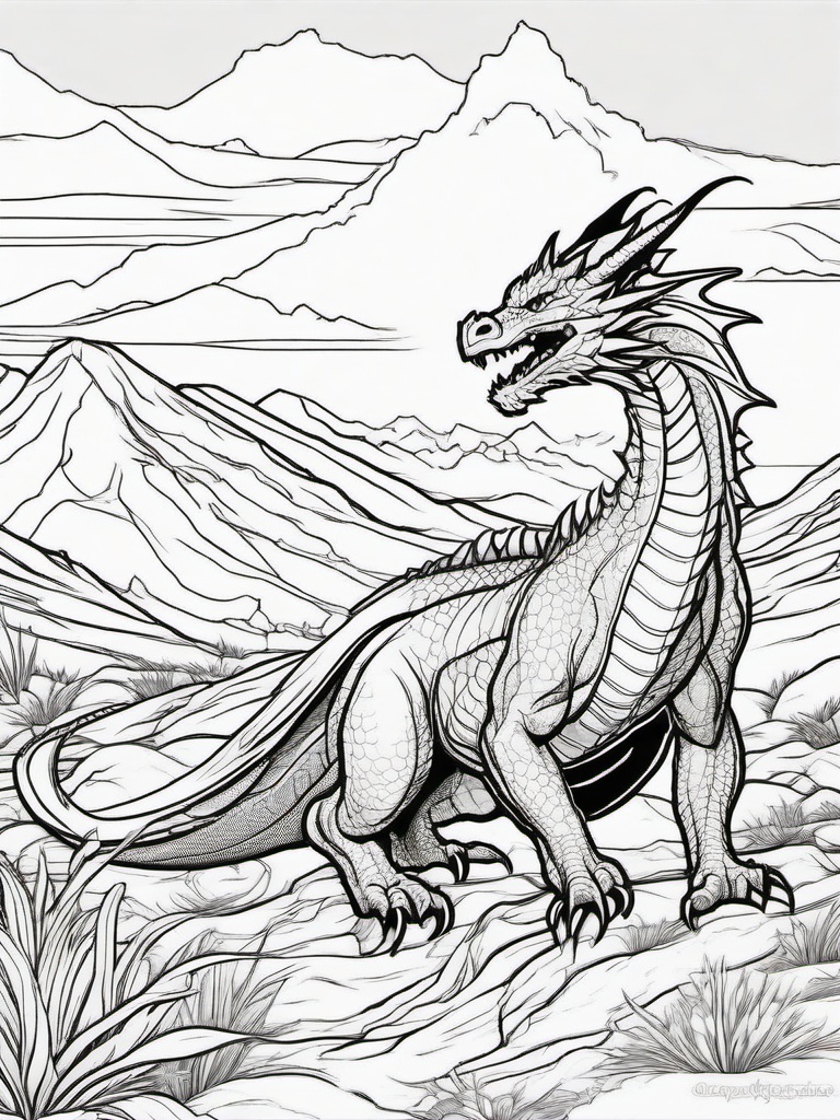 Dragon in a Lava Field Coloring Pages - Fiery Landscape with an Active Dragon  minimal black outline printable sheet, coloring page