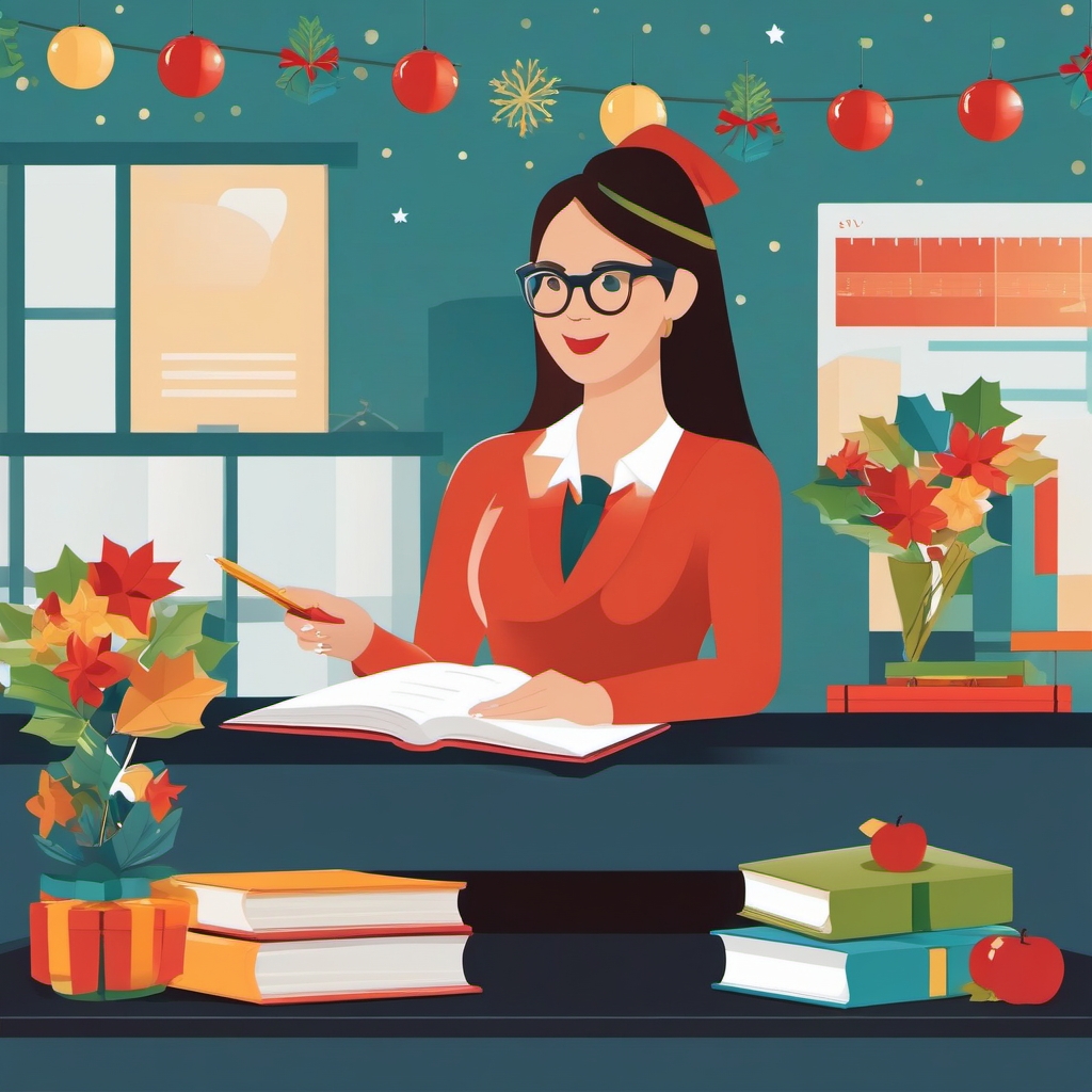 Festive showcasing a teacher in a holiday-themed setting.  color vector art,clipart,minimal