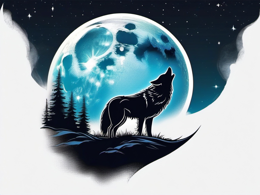 Wolf Howling Moon Tattoo,mystical moment, wolf's mournful howl beneath the luminous moon, profound connection with the night sky. , color tattoo design, white clean background