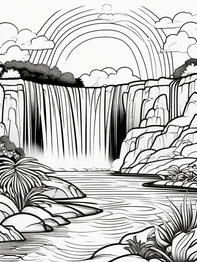 Rainbow Coloring Page - Rainbow accompanied by a waterfall.  easy,simple,minimal,coloring pages,black and white outline