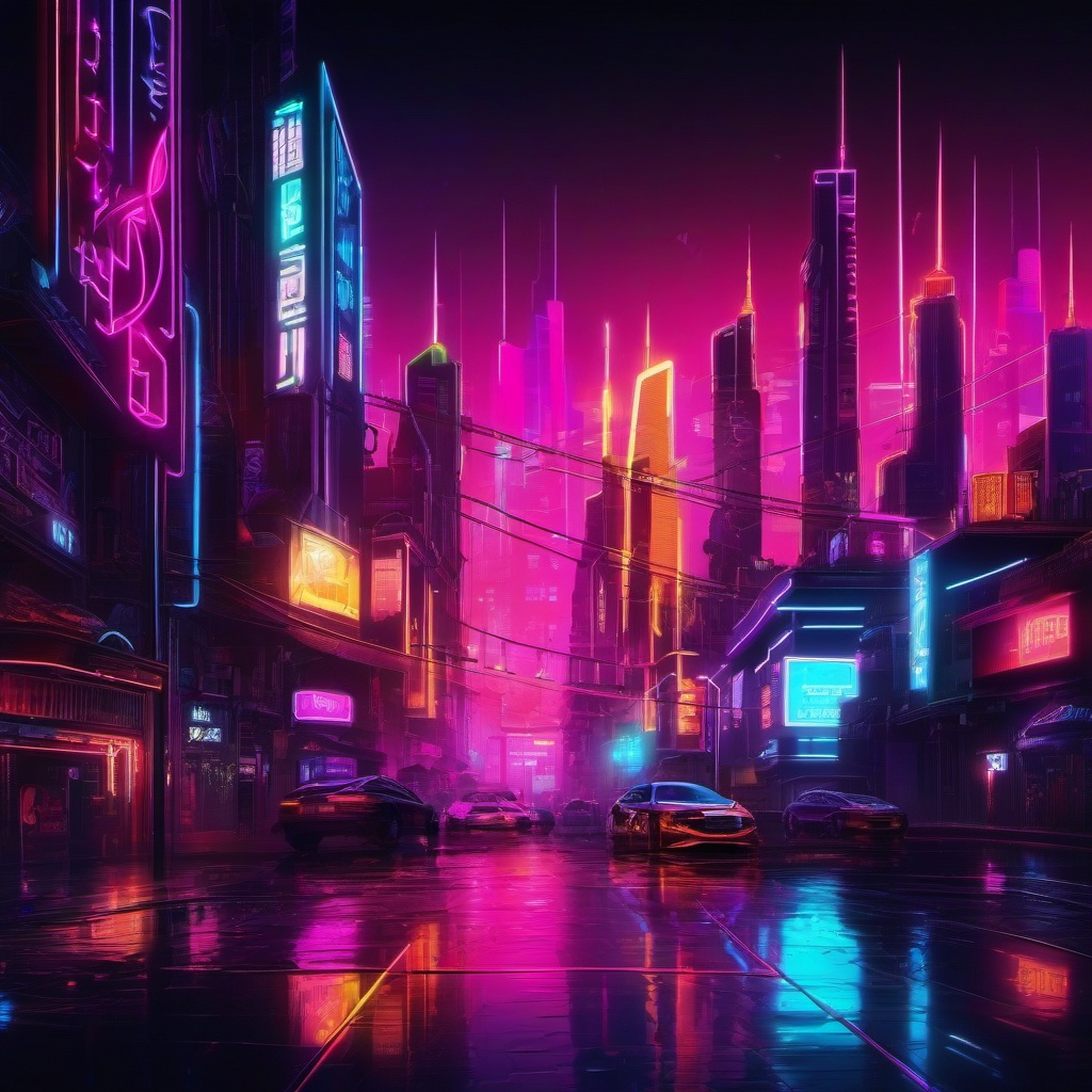 Neon Background - Neon Cityscape and Electric Signs  intricate patterns, splash art, wallpaper art