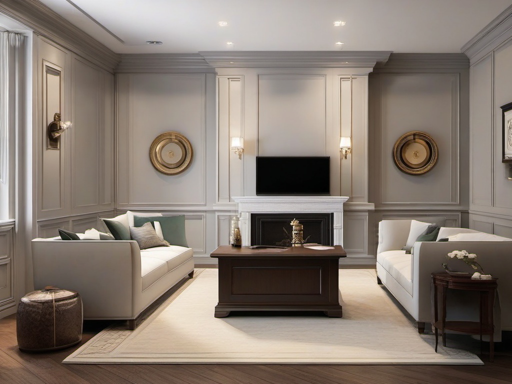 Neoclassical gamer room features simple furniture, decorative moldings, and classic finishes that create an elegant and timeless gaming space.  