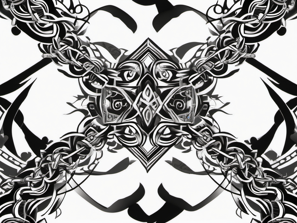 Chains with tribal patterns ink: Cultural symbolism etched in the strength of links.  black white tattoo, white background