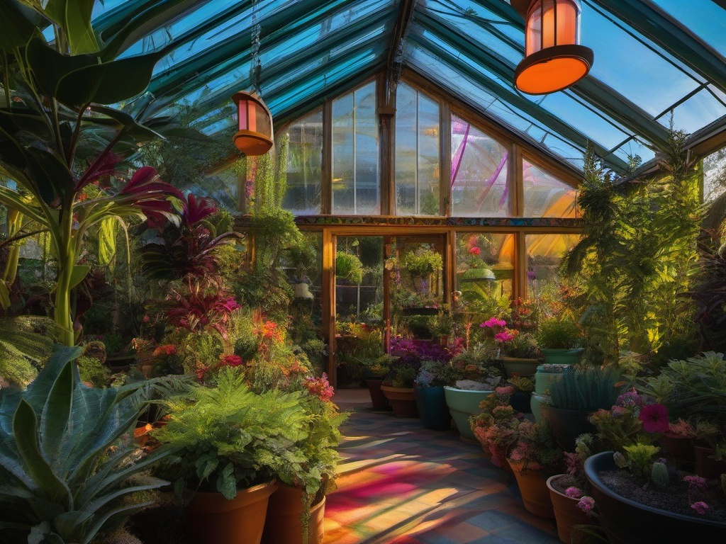 The greenhouse showcases psychedelic interior design with vibrant plants, colorful pots, and whimsical decorations that create an inspiring environment for gardening and plant care.  