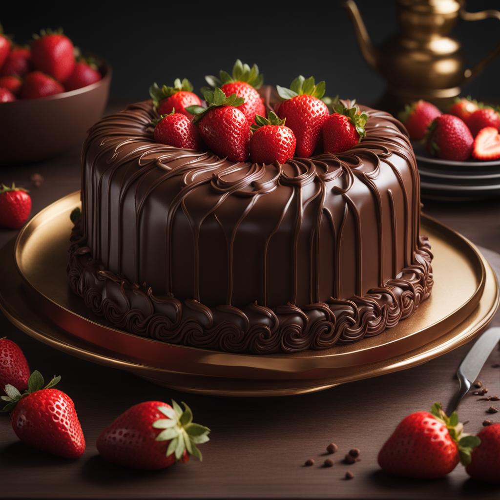 chocolate cake decoration with strawberrry intricate artwork masterpiece, ominous, matte painting movie poster, golden ratio, trending on cgsociety,  vibrant, production cinematic character render, ultra high quality model