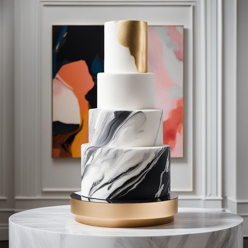 wedding marble cake in a modern art gallery: picture a marble-patterned wedding cake displayed amid contemporary artworks in a chic art gallery. 