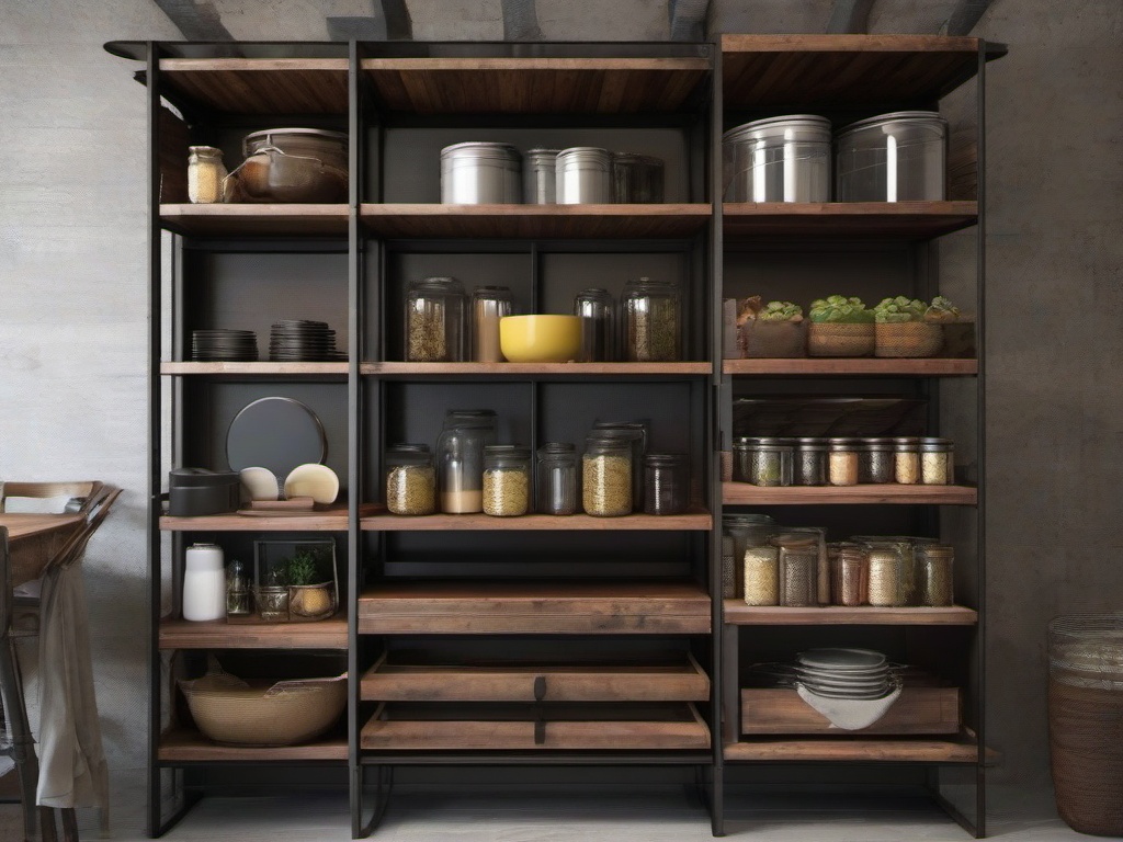 The pantry showcases Post-Apocalyptic interior design with rustic shelves, earthy colors, and unique storage solutions that make food storage both practical and visually interesting.  