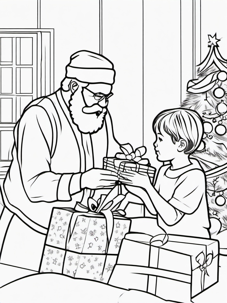 Santa Giving a Present Coloring Pages - Handing a Gift to a Child  minimal black outline printable sheet, coloring page