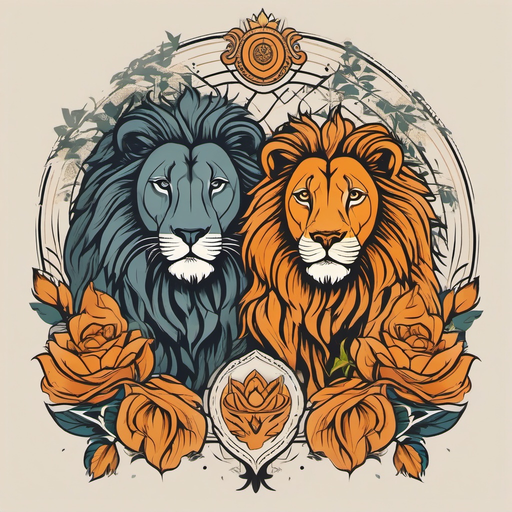 Lion Tattoo King and Queen - Lions symbolize strength and loyalty.  minimalist color tattoo, vector