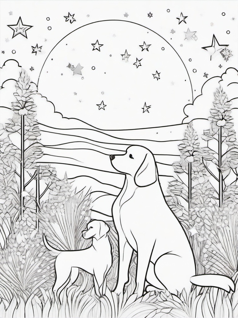 Dog with Stars Coloring Pages - Dreamy Scene of Dogs Under the Stars  minimal black outline printable sheet, coloring page