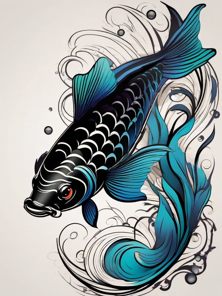 Black Coy Fish Tattoo-Bold and vibrant tattoo featuring a black Koi fish, symbolizing perseverance and strength.  simple color vector tattoo