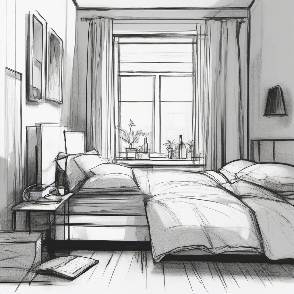 drawing of everyday things in a bedroom  minimal rough sketch scribbles,doodles,black and white