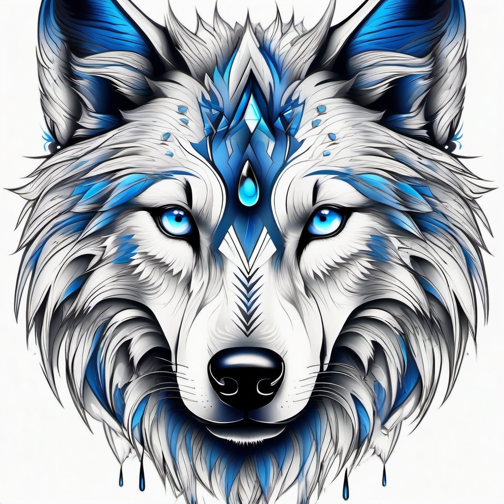 Wolf with Blue Eyes Tattoo,mesmerizing tattoo of a wolf with piercing blue eyes, symbol of depth and mystery. , tattoo design, white clean background