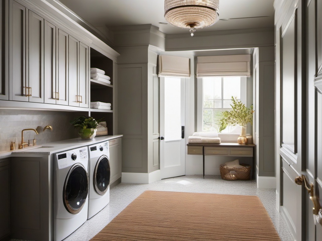 Hollywood Regency laundry room showcases plush materials, decorative accents, and stylish cabinetry, creating an upscale yet cozy environment for chores.  