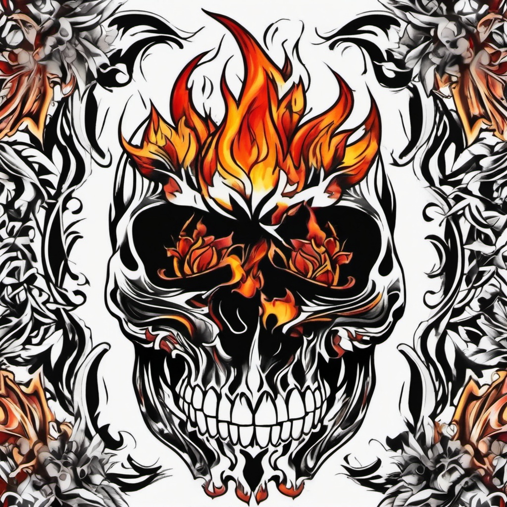 fire skull tattoo  simple color tattoo,white background