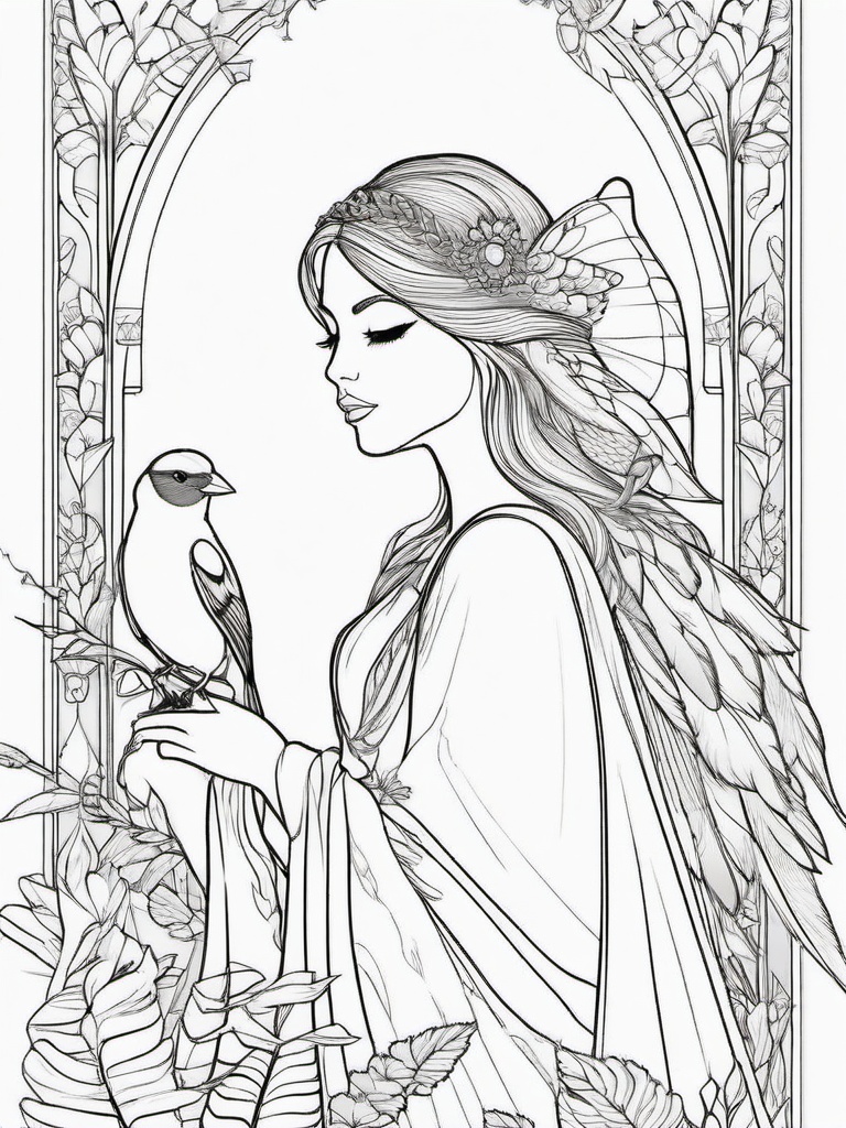 Fairy with a Bird Friend Coloring Pages - Fairy and Her Feathered Companion  minimal black outline printable sheet, coloring page