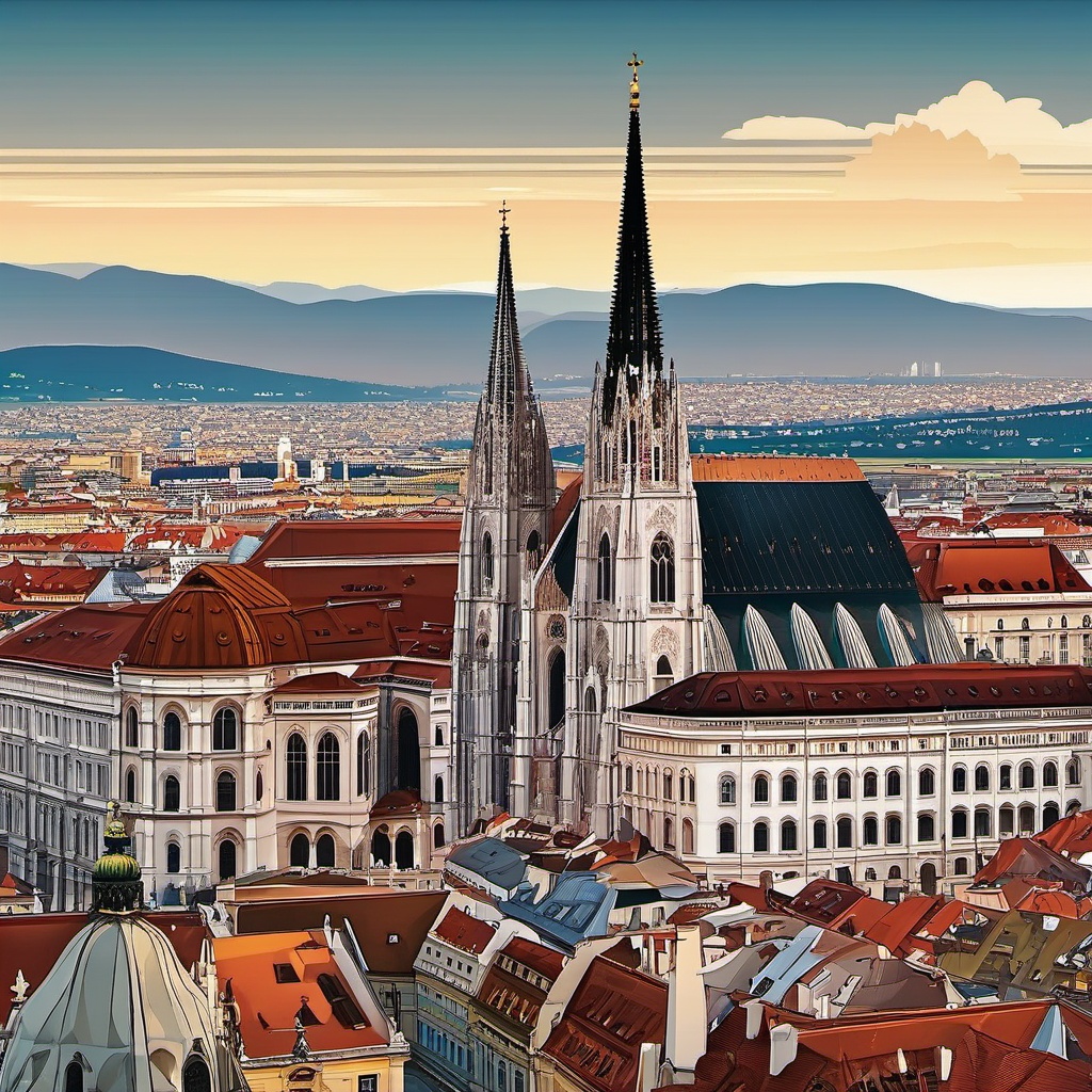 Vienna clipart - St. Stephen's Cathedral and Vienna cityscape,  color vector clipart