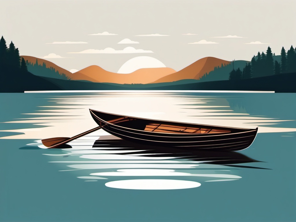 Rowboat Clipart - A wooden rowboat floating on a serene lake.  color vector clipart, minimal style