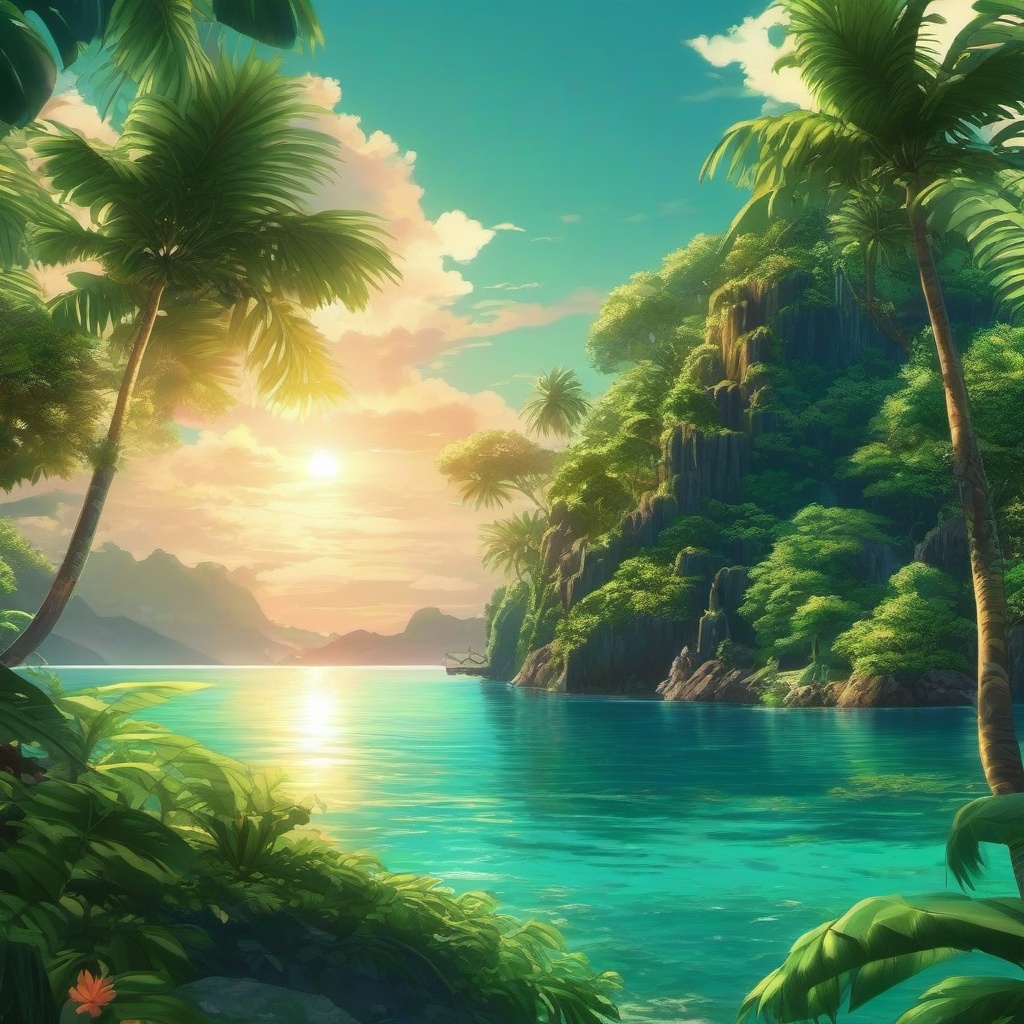 Tropical Island Paradise in an Anime Setting Anime Wallpaper for Phone intricate details, patterns, wallpaper photo