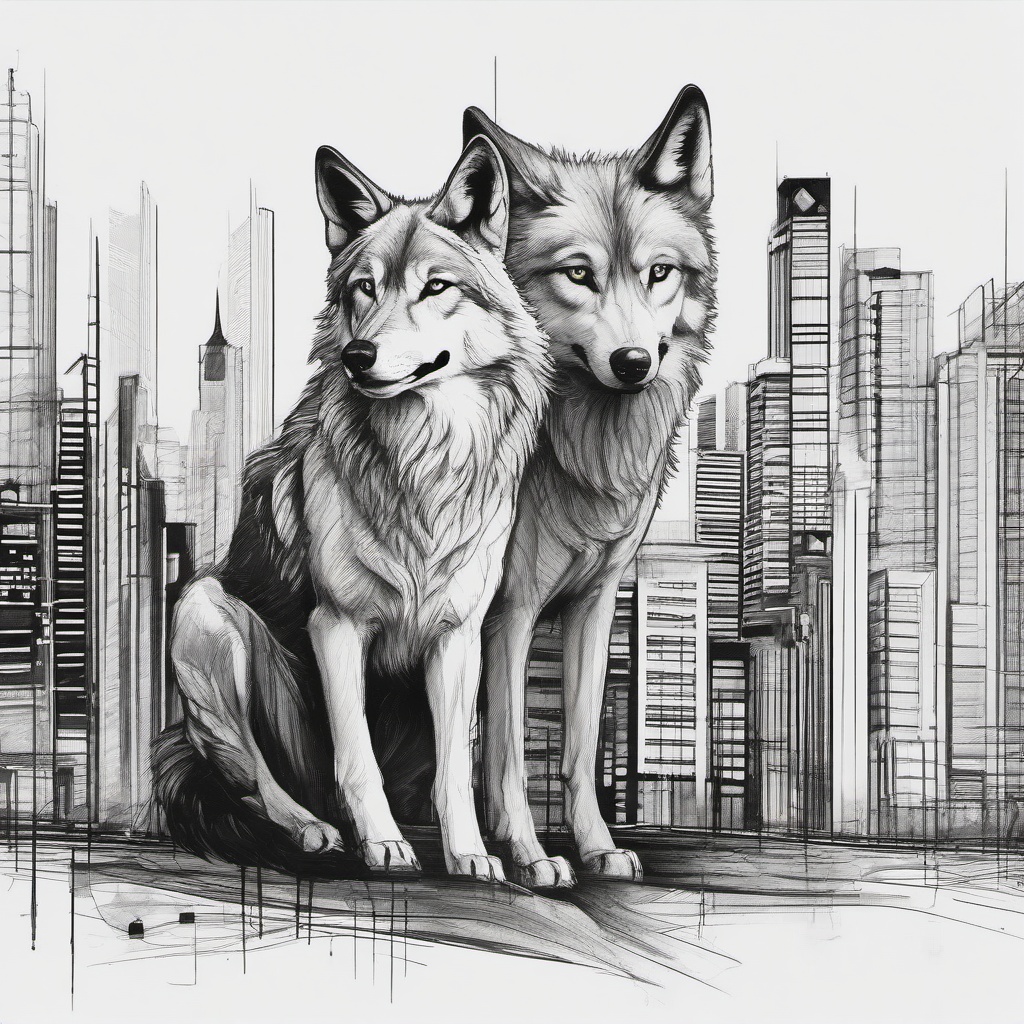 drawing of a wolf in city  minimal rough sketch scribbles,doodles,black and white