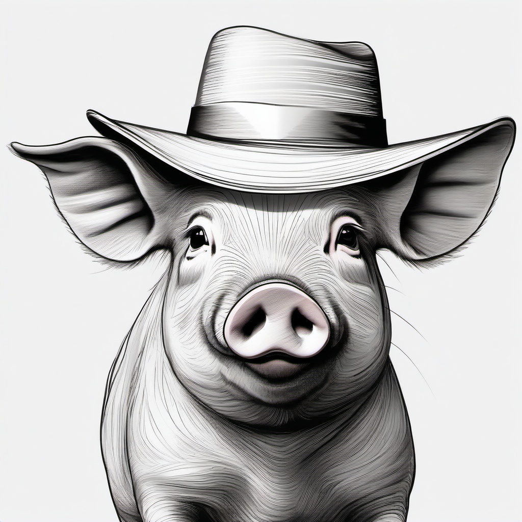 drawing of a pig with a straw hat  minimal rough sketch scribbles,doodles,black and white