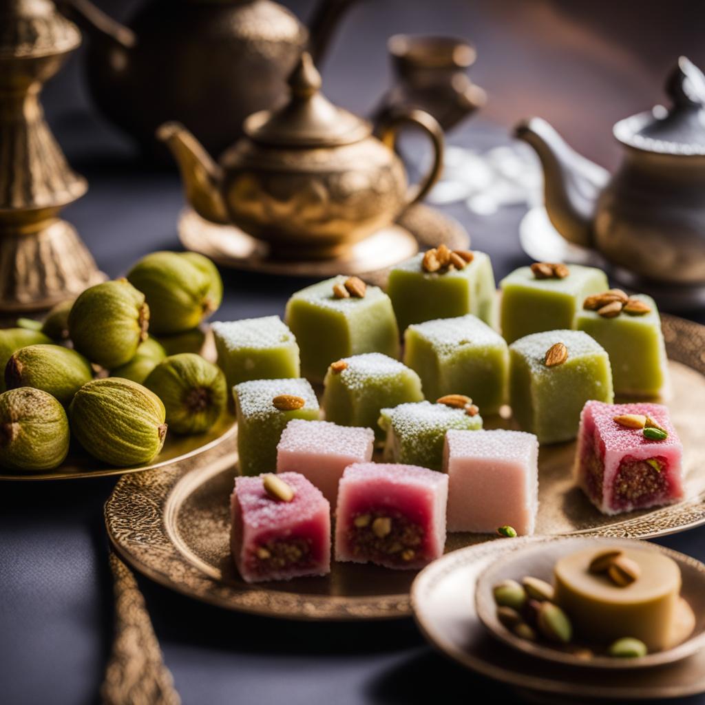 turkish delight with pistachios, a sweet confection, indulged at a serene tea ceremony in istanbul. 