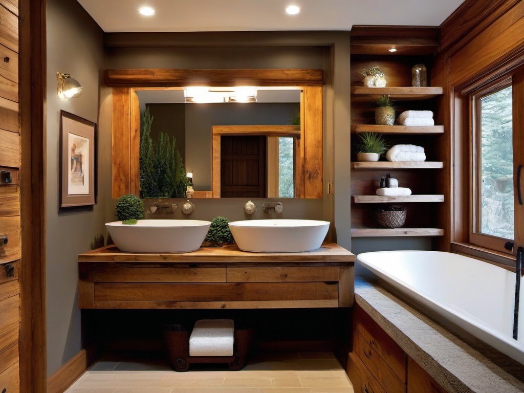 Rustic small bathroom highlights wooden cabinetry, a compact wooden shelf, and natural stone accents, evoking a cozy and charming retreat.  