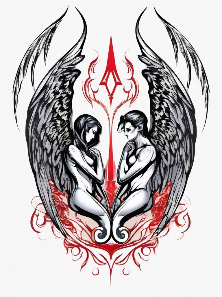 Angel and Demon Tattoo Design-Creative and symbolic tattoo design featuring both an angel and a demon, showcasing artistic flair.  simple color tattoo,white background