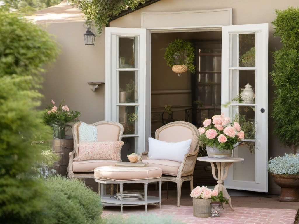 French Country patio highlights vintage furniture, soft colors, and charming accents, creating a quaint and inviting atmosphere for enjoying the outdoors.  