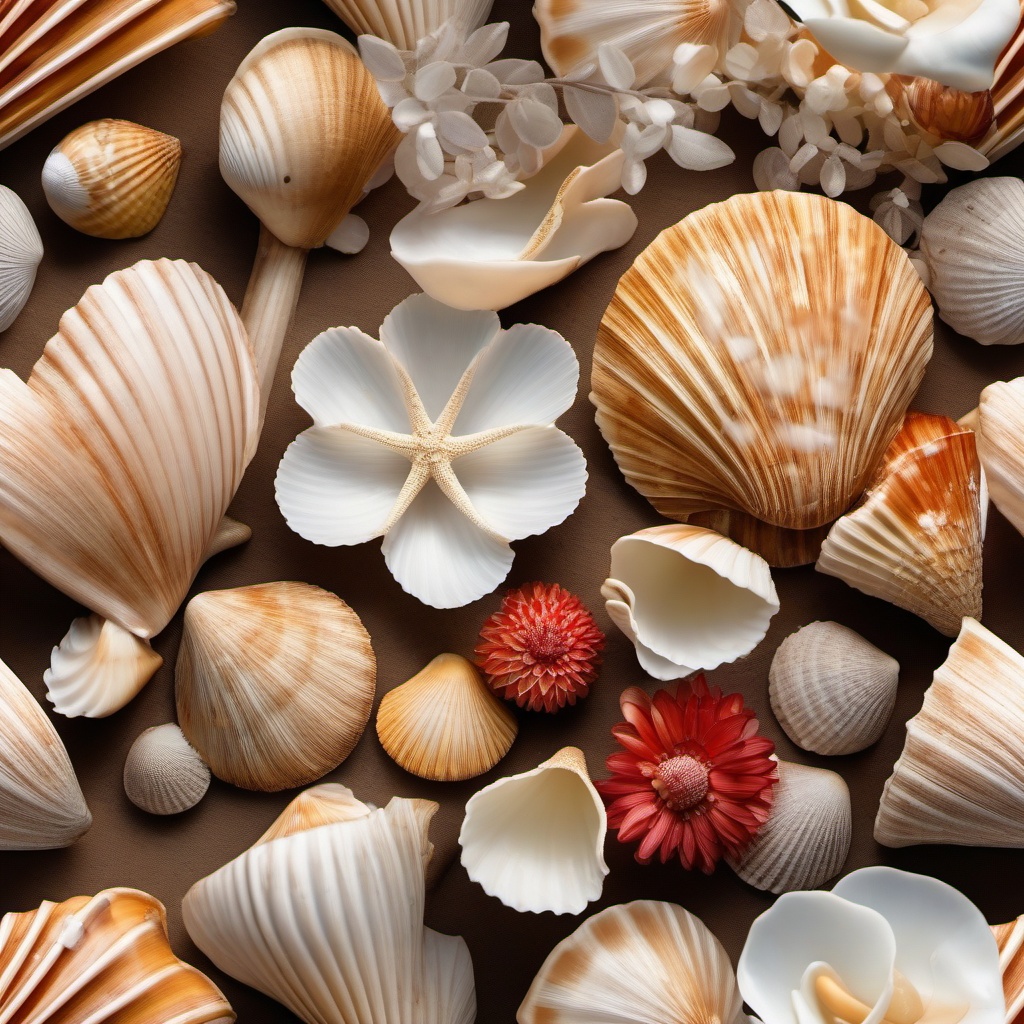 Beachside seashell flower arrangements close shot perspective view, photo realistic background, hyper detail, high resolution