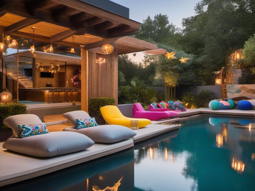 The pool area embraces cosmic chic interior design with vibrant loungers, fun pool floats, and celestial decor that creates a lively and inviting atmosphere for summer enjoyment.  