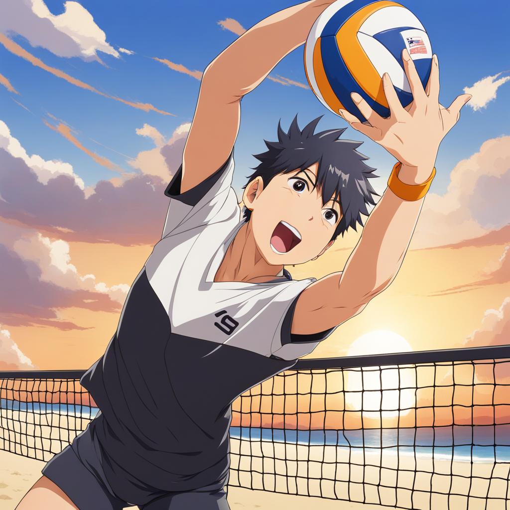 shoyo hinata practices his powerful serves on a sunny beach volleyball court. 